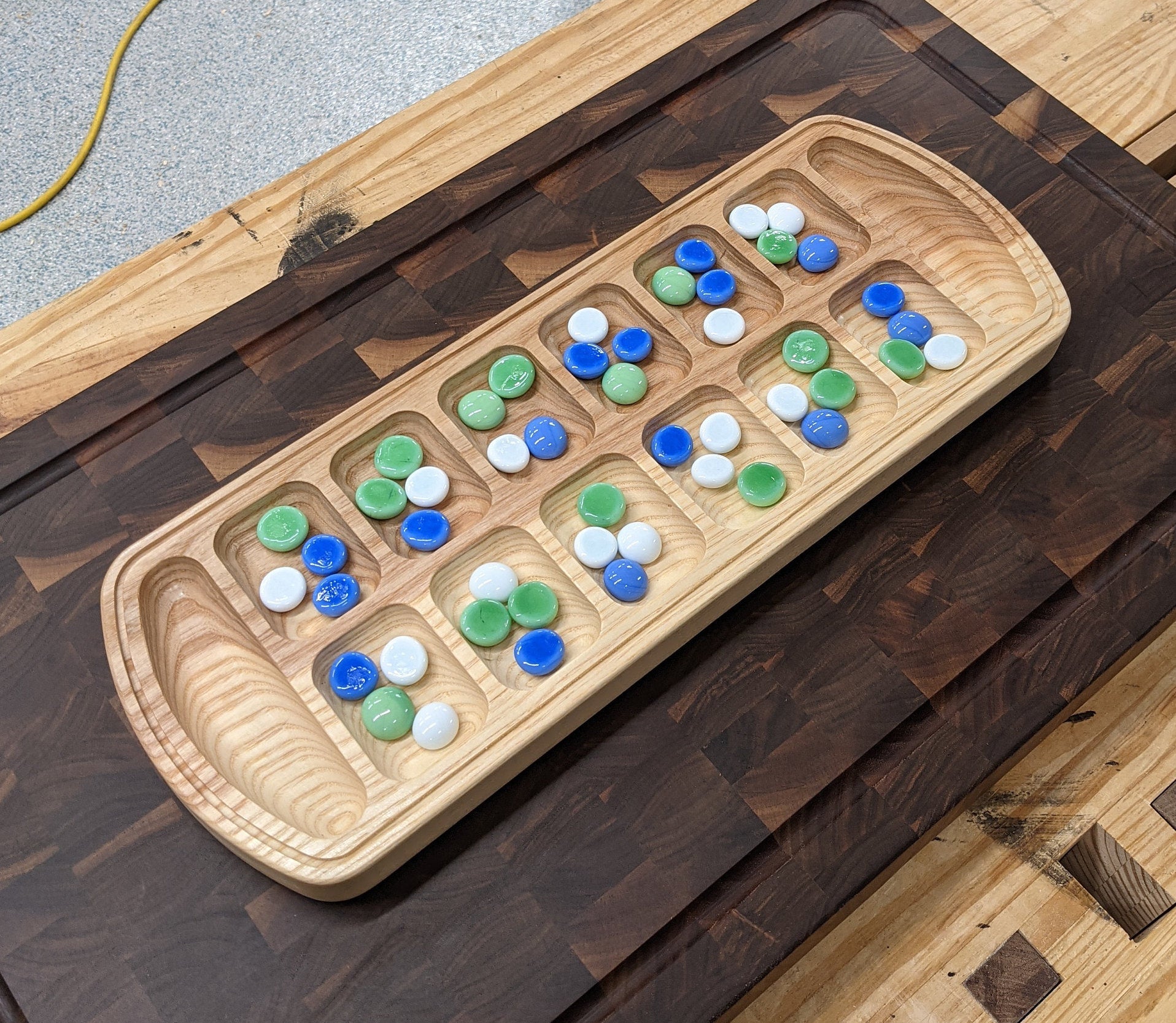 Mancala Board made from Urban Reclaimed Lumber, Stones Included